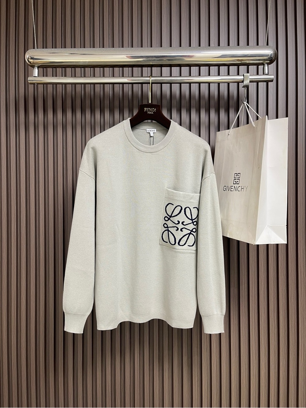Loewe Light Gray Sweater with Black Anagram Pocket